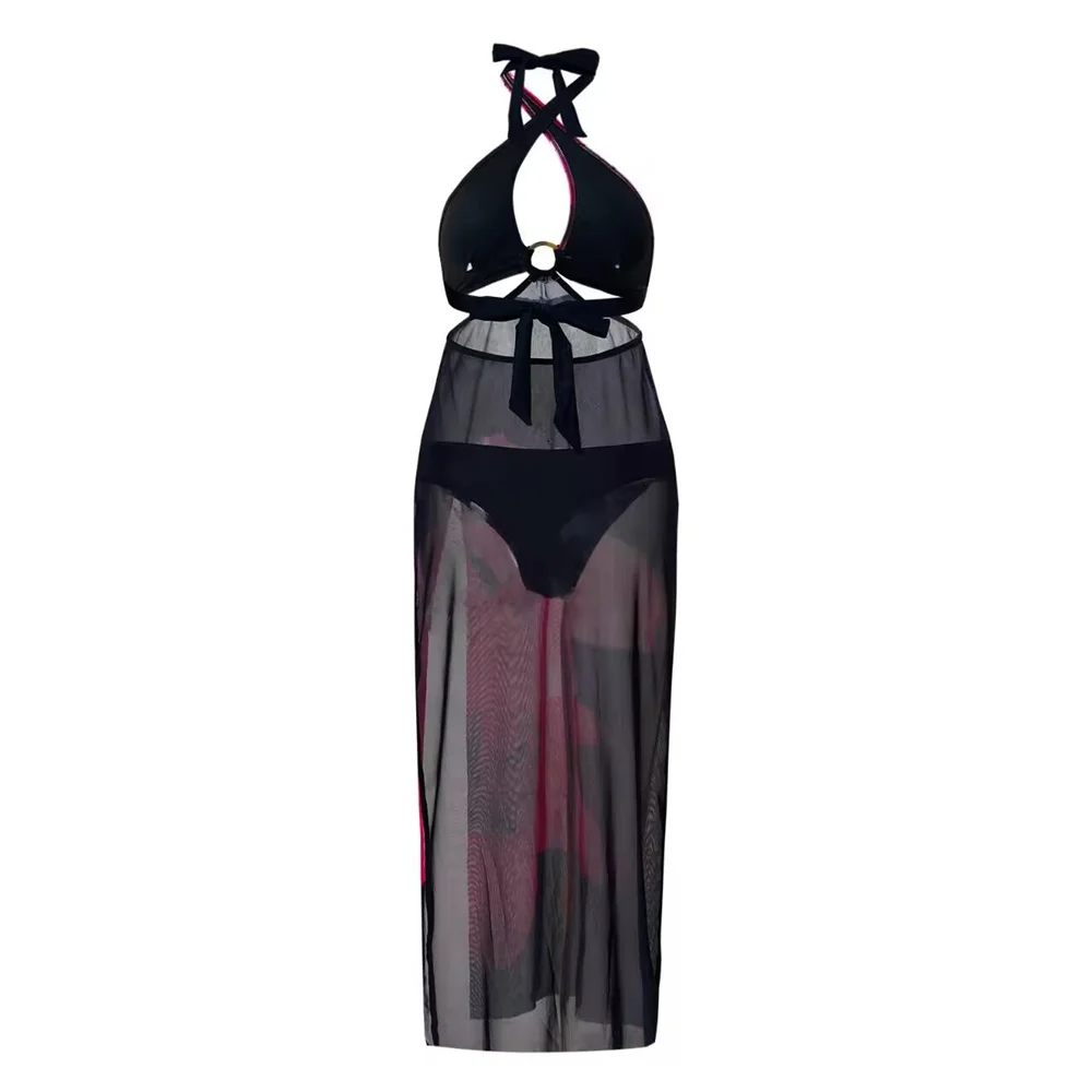 Elegant Women Swimwears Thong Black Sheer Mesh Dress Halter Hollow Out Push Up Bikini Floral Swimsuit Women 2 Piece Beach Outfit