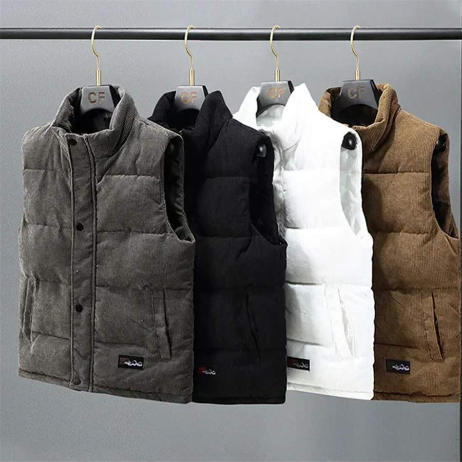 Vests Jacket Men Autumn Winter Stand Collar Warm Sleeveless Leisure Down Cotton-Padded Vest Coat Thickened Corduroy Warm Coat