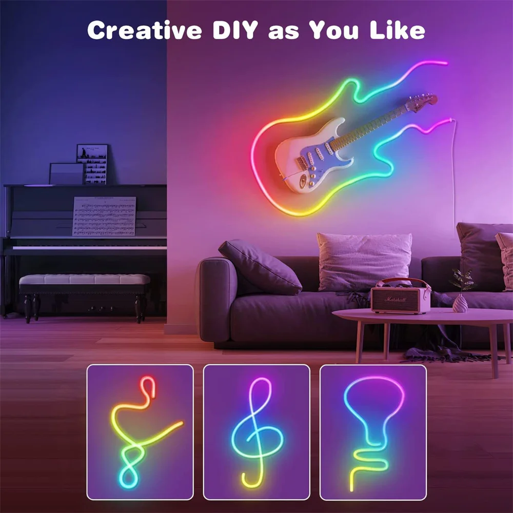 2/5M LED Flexible Silicone Neon Light Strip App Control RGBIC Dimmable Neon Backlight Lamp for Home Neon Sign Decor Lighting