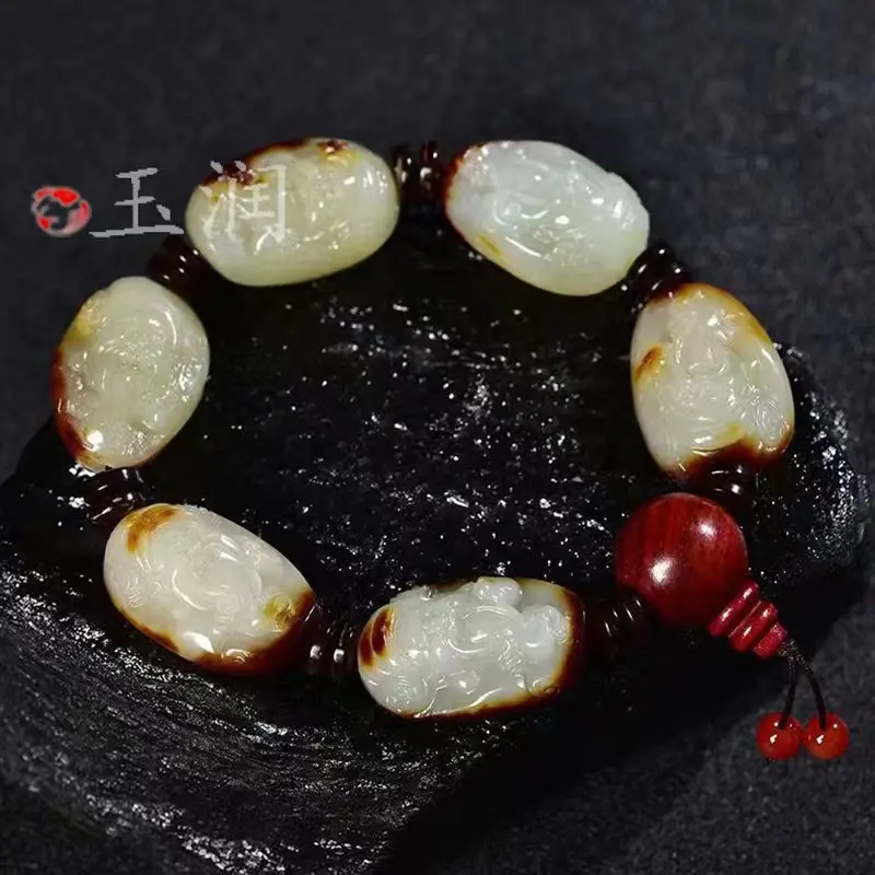 New Hetian Pebble White Jade God of Wealth Buddha Bracelet