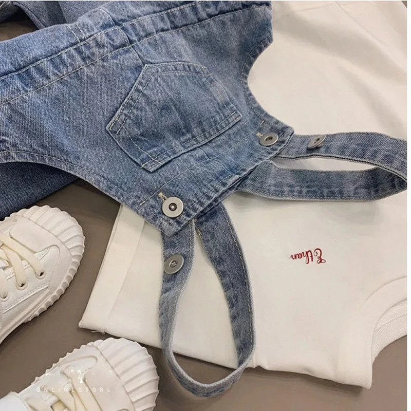 Spring Autumn Boys Girls Baby All-match Casual Jeans Light Color Denim Overalls Trendy Baby Thickened One-Pieces Denim Overalls