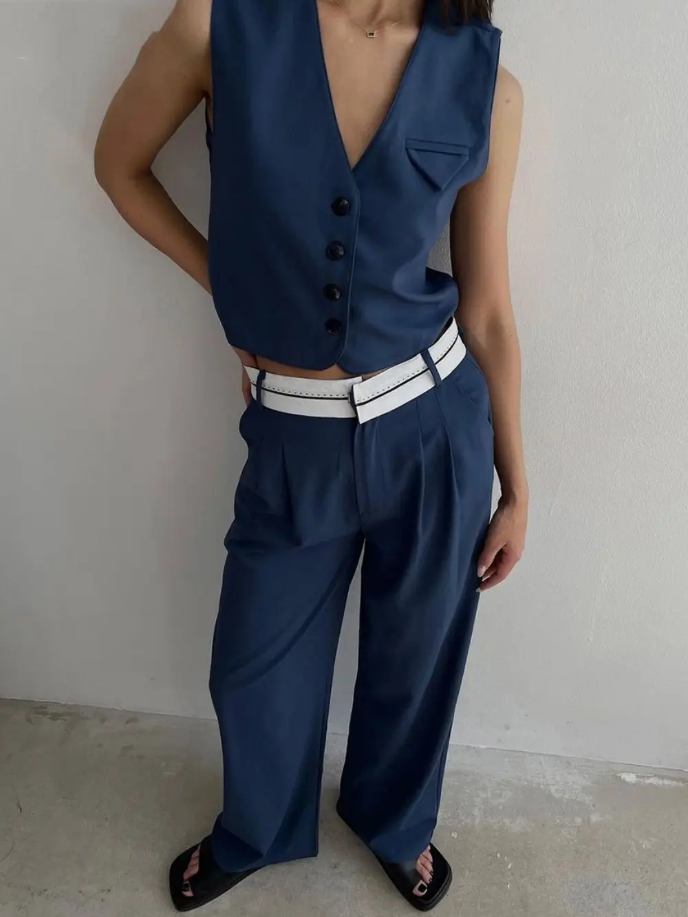 Fashion Blue Office Ladies 2 Piece Pants Suits Women Elegant Sleeveless Single-Breasted Vests High Wasit Patchwork Trousers Set