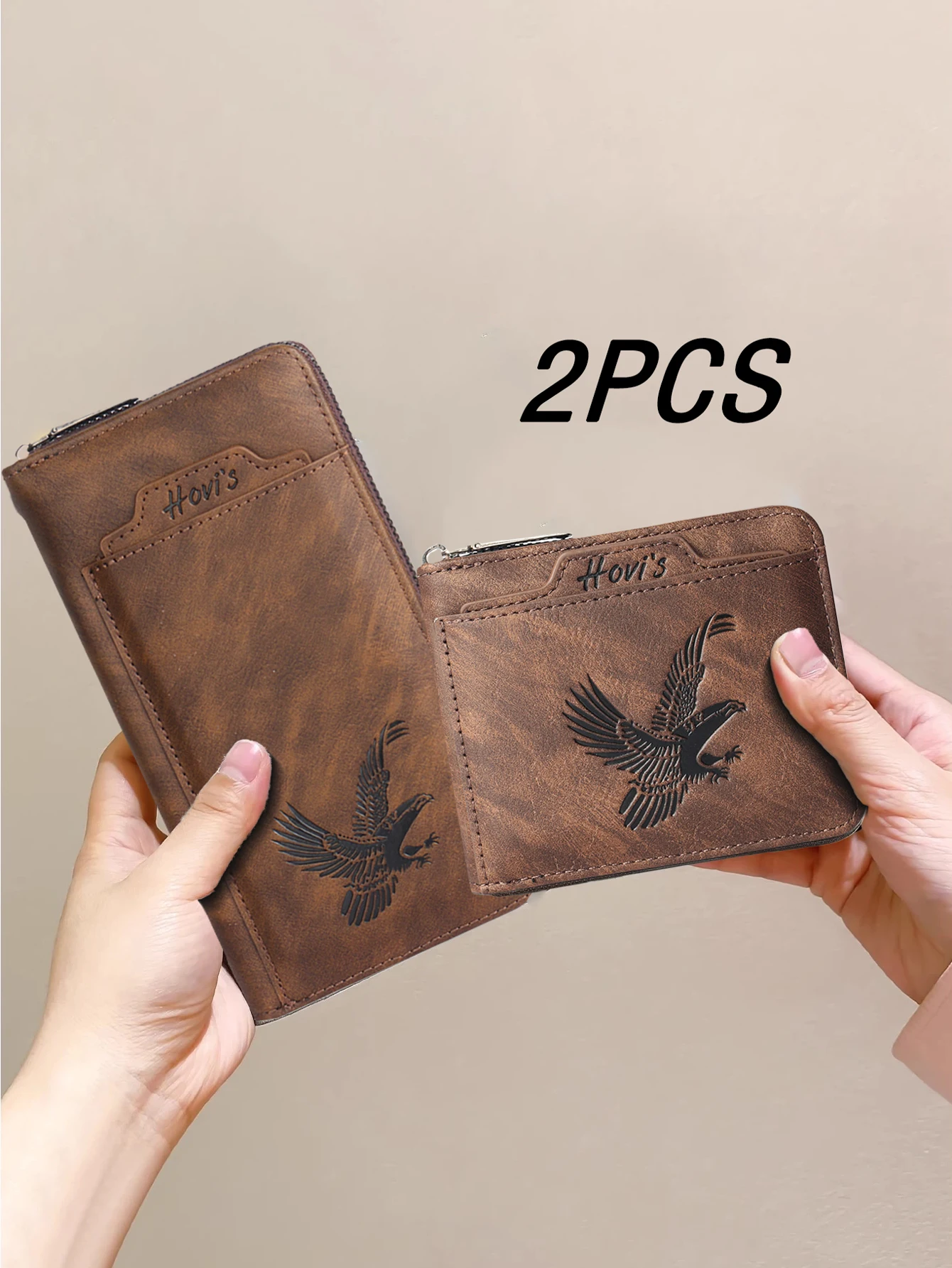 Men's 2Pcs Vintage Distressed Clutch Wallet Set - Long Wrist Strap Handbag with Eagle Embossed Design + Compact Short Wallet