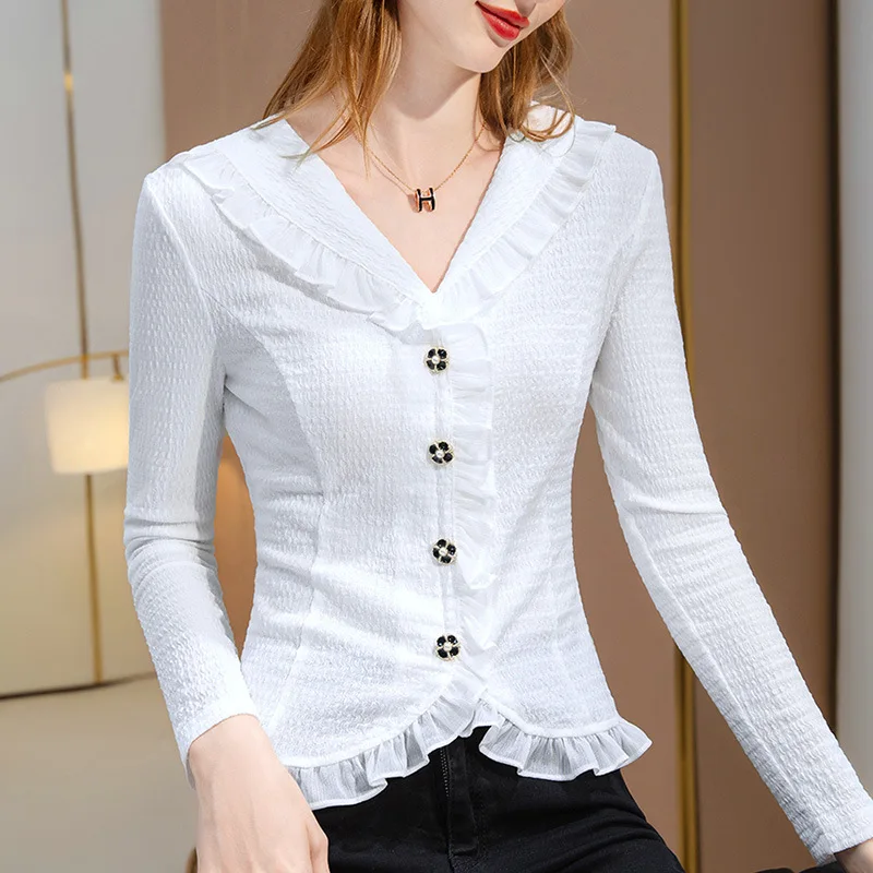 White V-neck T-shirt Bottoming Shirt Women's Autumn and Winter New Ruffled Chiffon Shirt Waist Long-sleeved Top