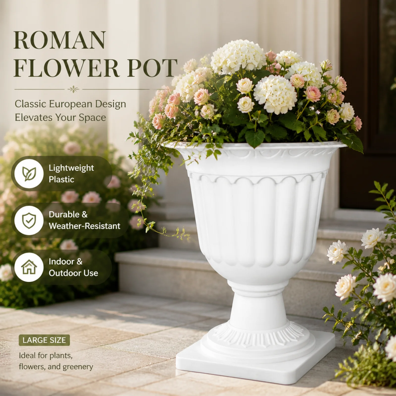Large Round Pedestal Planter Raised Base Wide Mouth Footed Flower Pot Decorative Vintage Roman Style Planter Roman
