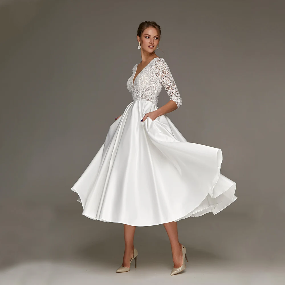 

Tea Length Satin Wedding Dress A Line 3/4 Sleeve Lace Simple White Civil Short Bridal Gown Custom Plus Size Robe De Marirage