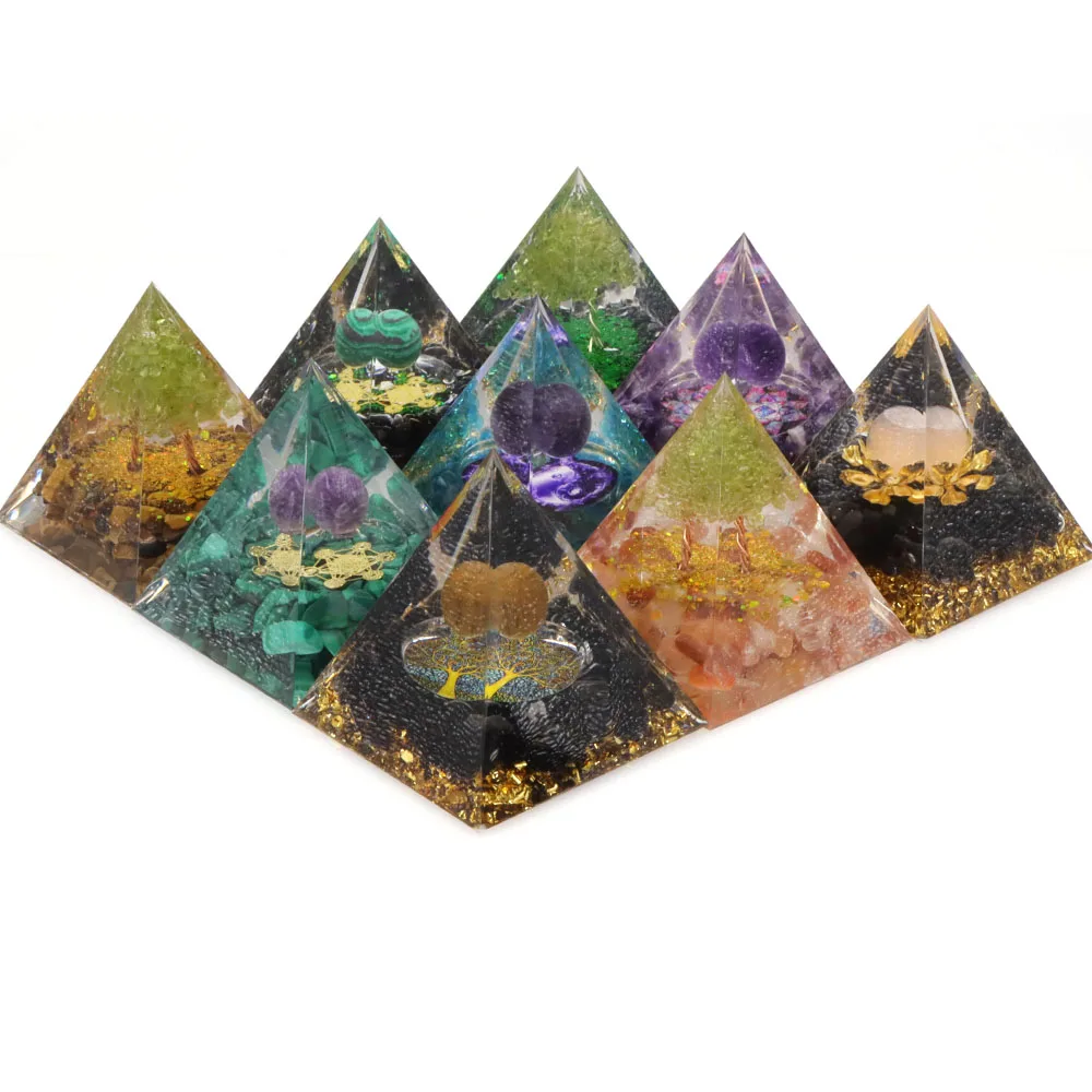 Pirámide de orgonita de energía, Bola de amatista Natural Reiki, cristales curativos, adornos de chakras, piedras de resina, regalo artesanal con