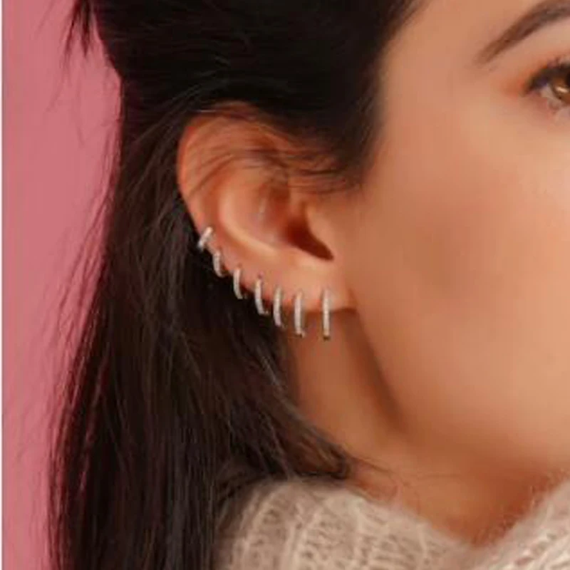 1 pasang anting-anting lingkar Minimal baja tahan karat kristal zirkonia anting-anting kecil tulang rawan tipis Helix Tragus perhiasan tindik