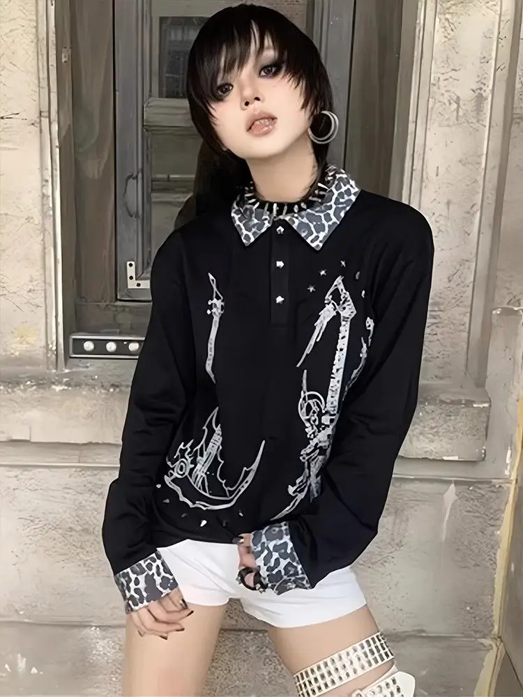 

Рубашка-поло DarPunk, женская осенняя рубашка Y2K, топ с длинными рукавами, леопардовый лоскутный топ, свободный крой, графический принт, пара, наряд в стиле Харадзюку, уличная одежда