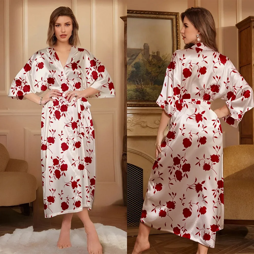 

Весенне-летний женский длинный халат, одежда для сна с цветочным принтом, кимоно, халат, свободная шелковая атласная ночная рубашка, домашняя одежда