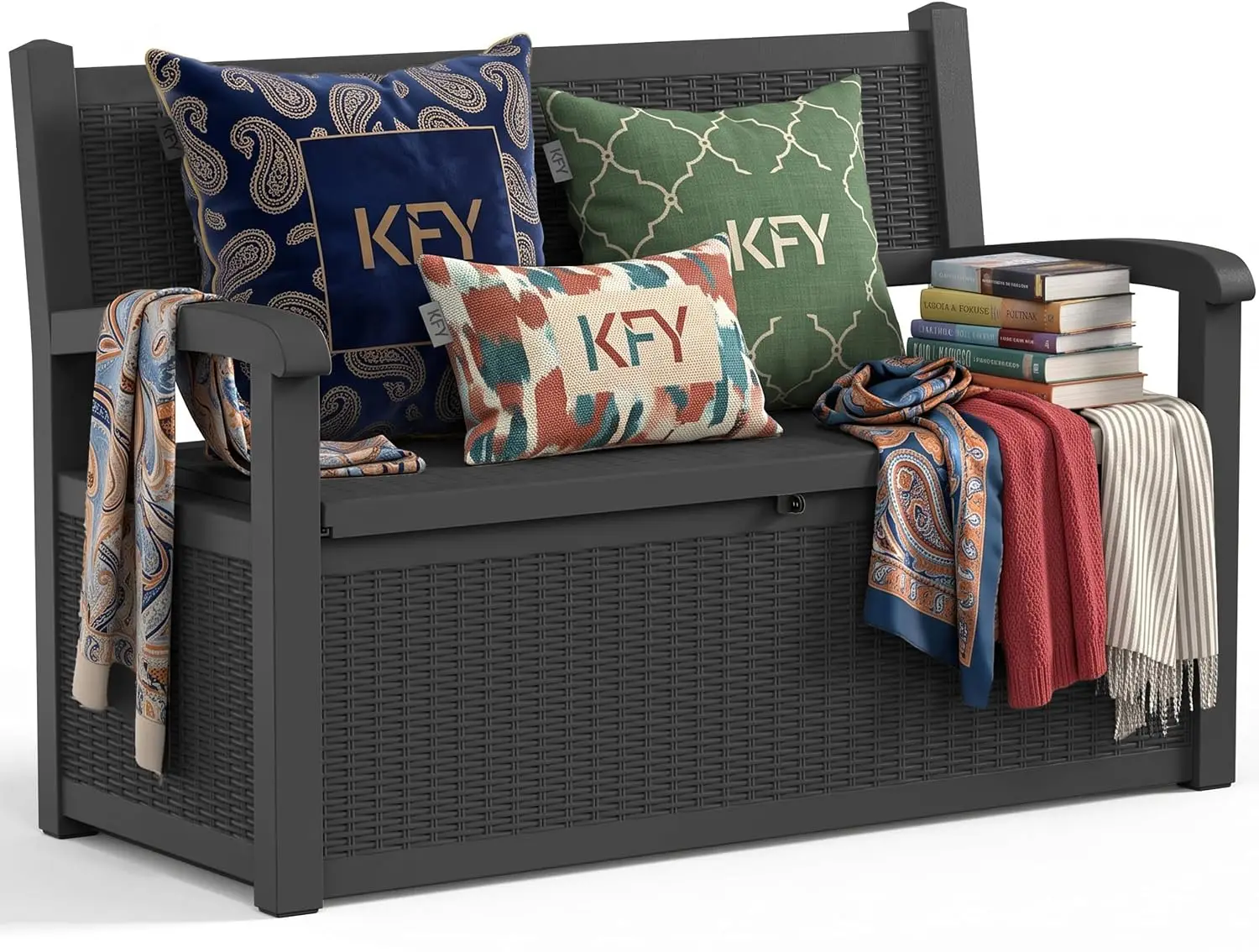 120 Gallon Outdoor Storage Bench Lockable, Rattan Black, Customized