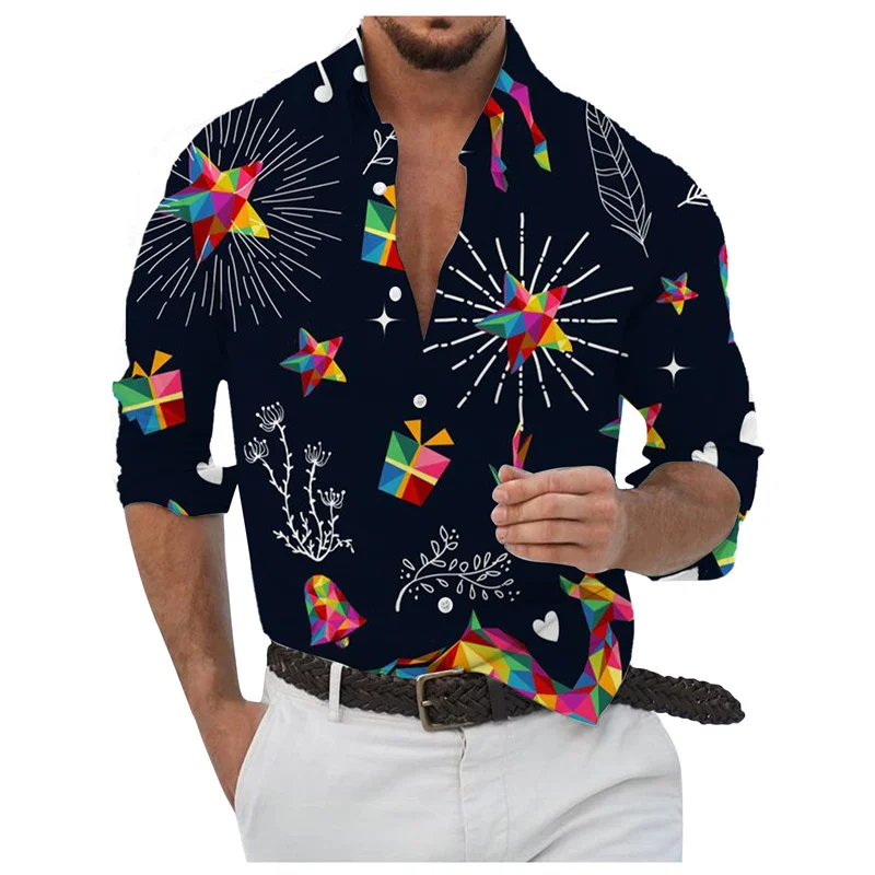 

Merry Christmas Pattern Hawaiian Shirts For Men Colorful Decoration 3D Printed Blouse Casual Loose Aloha Shirts Long Sleeves Top