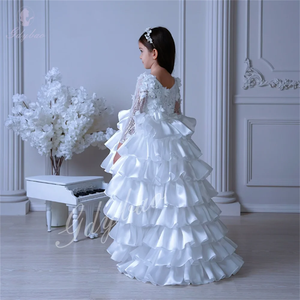 

Fluffy Layered Child Evening Dress Long-Sleeve Asymmetrical Flower Girl Dress For Weddings Birthday Parties