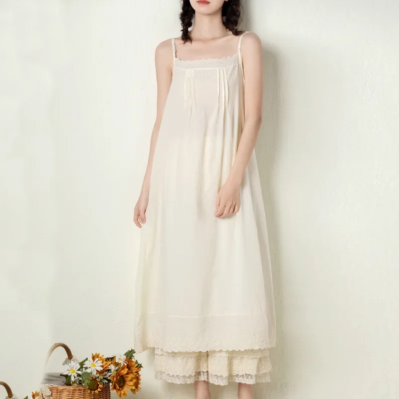 

2024 Summer New Japanese Casual Spaghetti Strap Thin All Match Dress For Women Solid Color Cotton Female Dresses