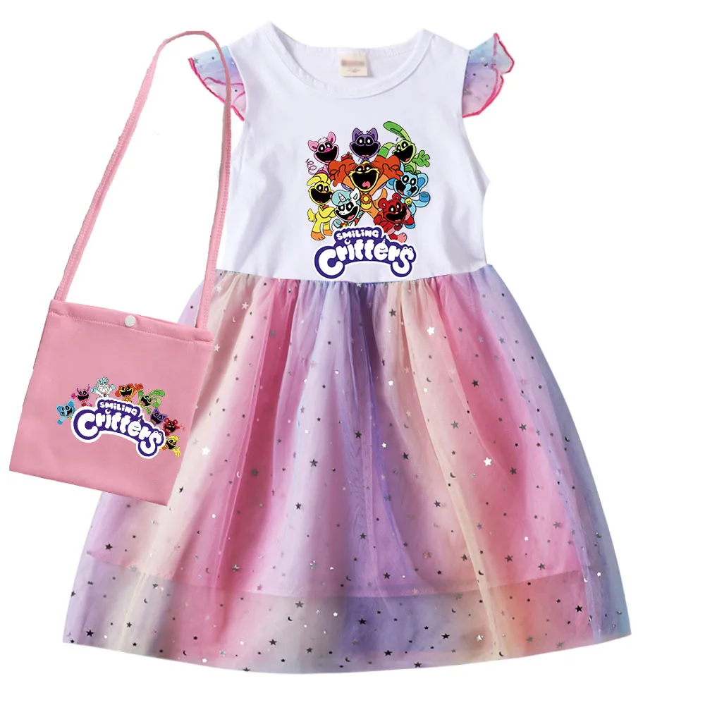 Kids Summer Clothes Baby Girls Cartoon Smiling Critters Cosplay Costume Catnap Princess Dress Rainbow  Mesh Birthday Vestidos