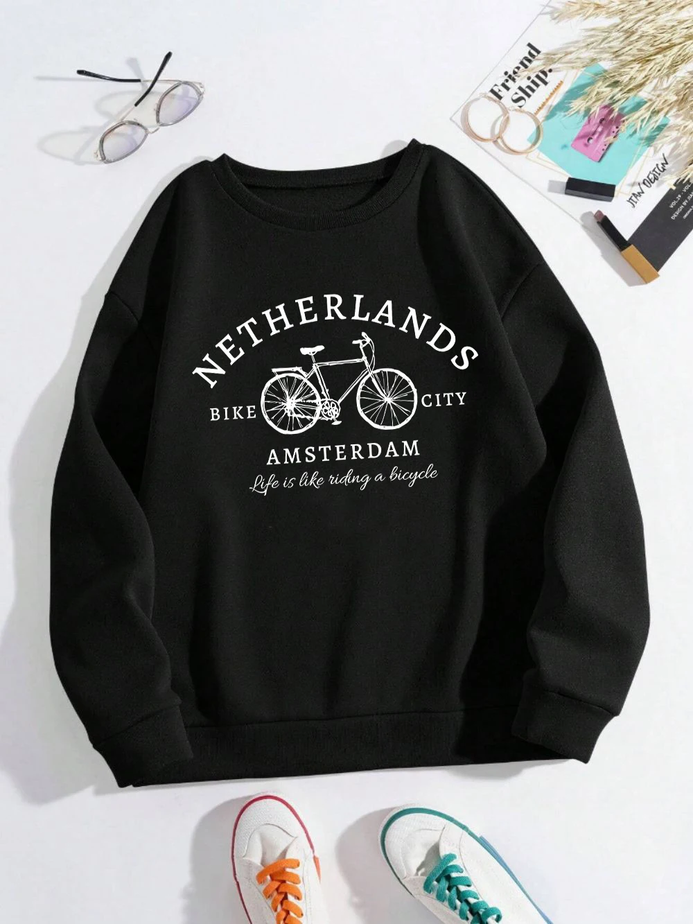 Netherlands Amsterdam Bike Design Womens Pullovers Fleece Casual Sweatshirt Autumn Loose Clothes Crewneck All-Match Sportswears