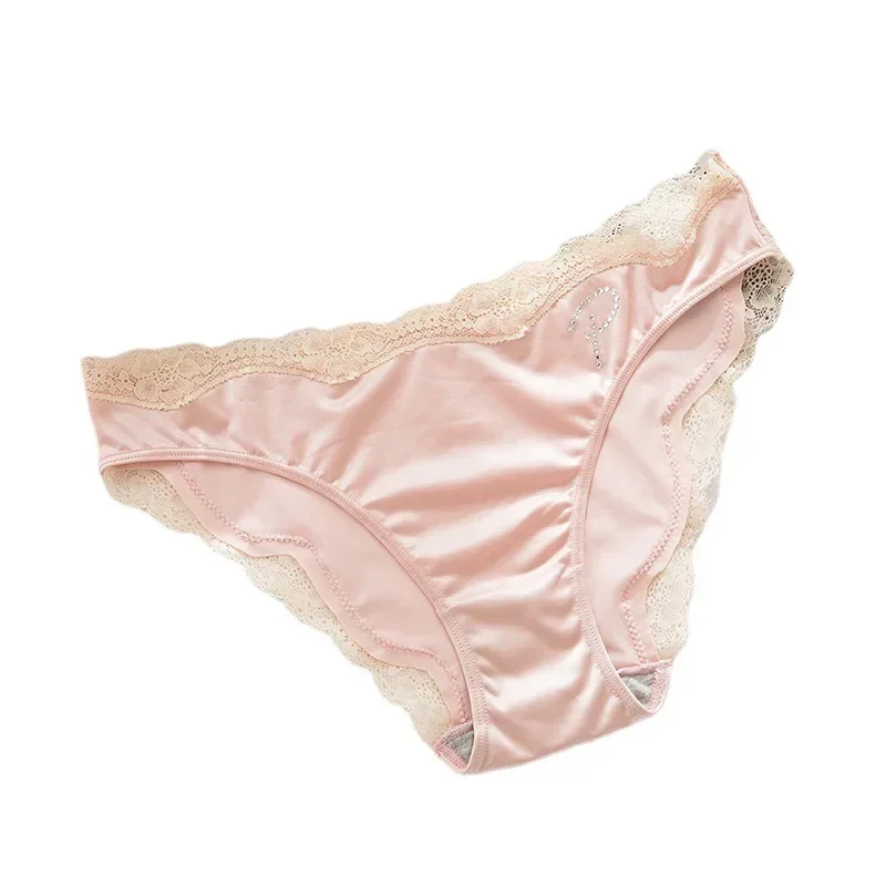 Nova seda náilon roupa interior feminina sexy cintura baixa tendência rendas borda briefs cor sólida respirável sem costura algodão virilha calcinha