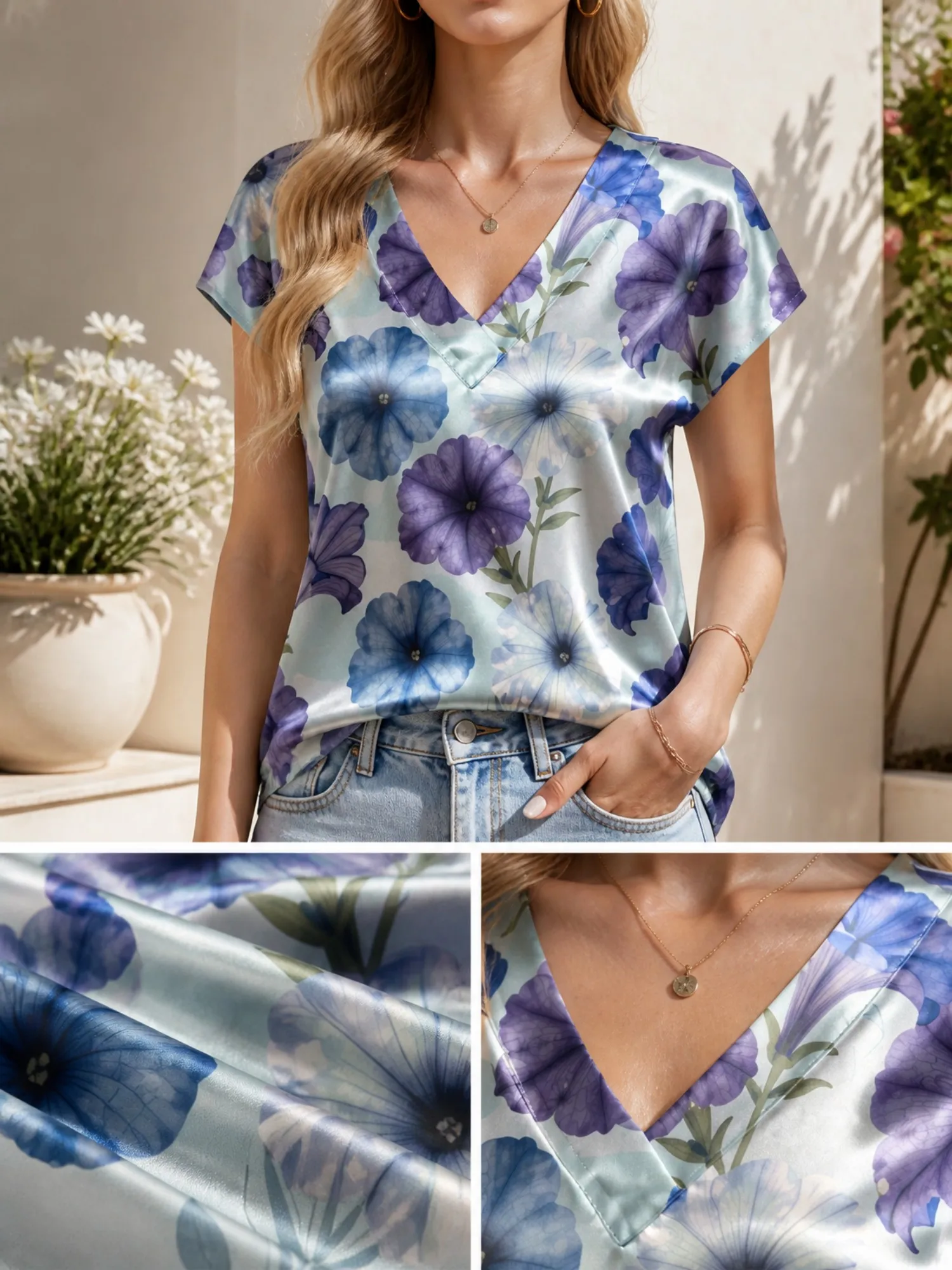 Floral Satin V Neck Top for Women Cap Sleeve Soft Draped Fit Silky Elegant Resort Daywear Lightweight Breathable Versatile Comfy