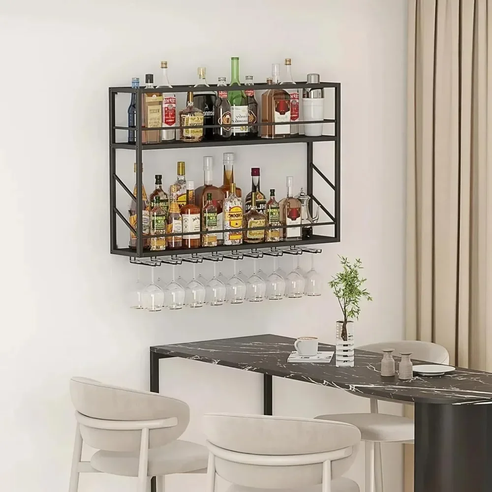 Wall Mounted Wine Rack - 2 Tier Metal Floating Bar Liquor Shelves for Display and Storage