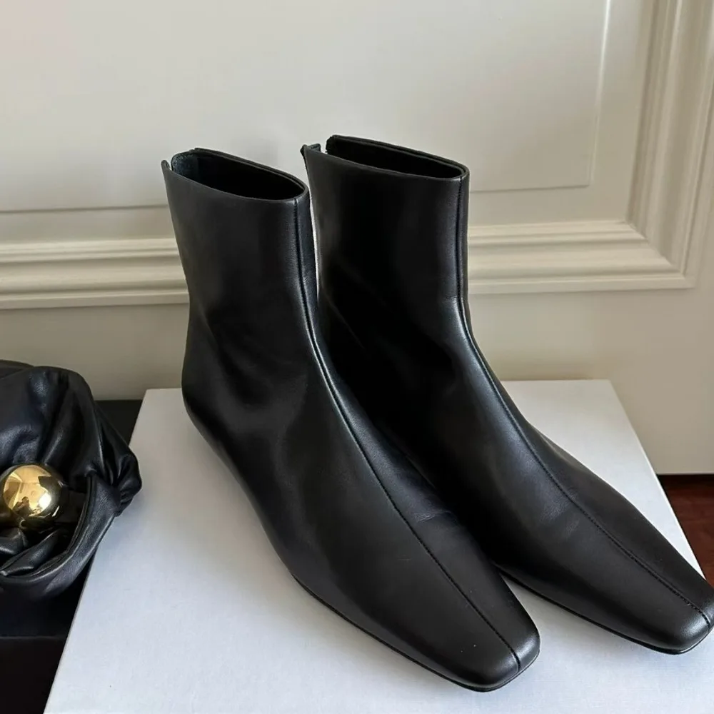 Leather Boots Women Autumn Winterblack Ankle Boots New Velvet Back Zipper Square Head Skinny Shoes Womens Low Heeled Short Boots