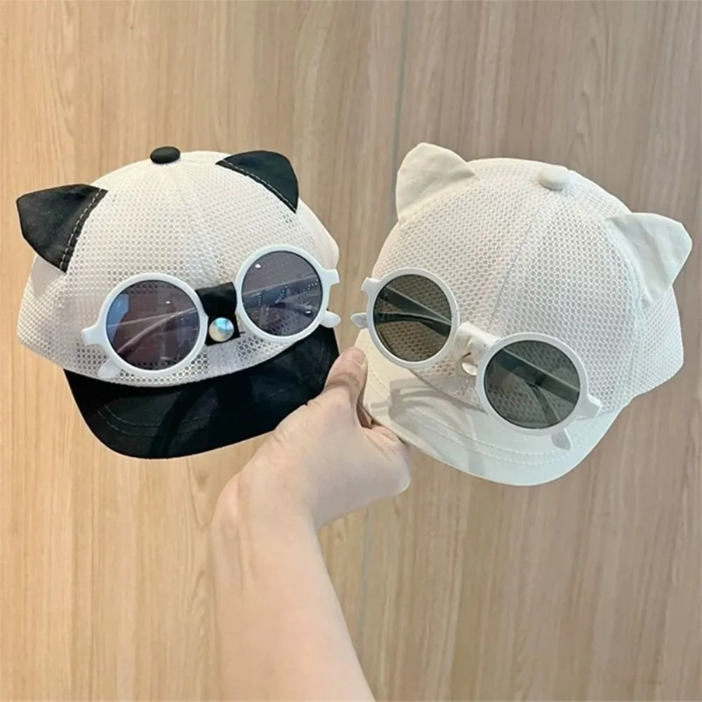

Cute Mesh Baby Hat Breathable With Detachable Sunglasses Toddler Duck Tongue Cap Sun Protection Adjustable Cartoon Patchwork Hat