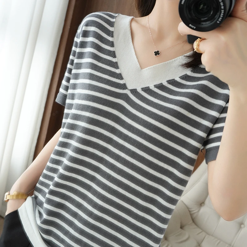 new summer cotton striped short sleeve T shirt women loose  versatile T-shirt Korean version half sleeve V collar bottom shirt