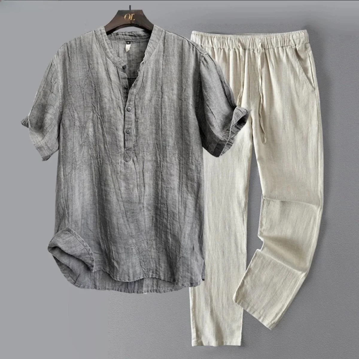 

Retro Chinese Sle Cotton Linen ort Sve Men's irt Summer High End Feeling Pleated V Ne Outerwear Casual Sport Suit