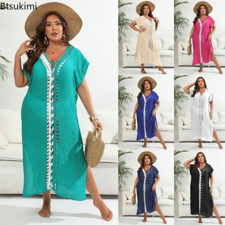 2025 Holiday Beachชุดผู้หญิงHand HookตัดกันสีSplicingลึกV SlitชุดHollowชุดว่ายน้ําสําหรับสตรี