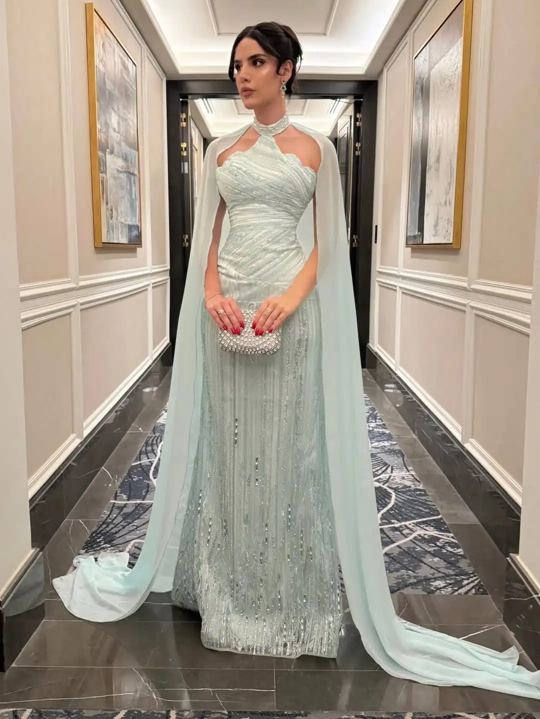 Elegant Fresh Green Halter Evening Prom Dresses Floor-Length Shawl Party Dresses Lace Sequins Beaded Mermaid Gowns Customized image 2