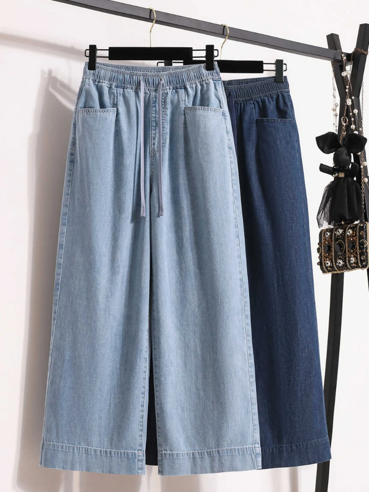 High Waist Straight Leg Lycra Denim Jeans Thin Model Women's plus Size 2024 Summer Fashion Hong Kong Style Nine Point Wide Le...