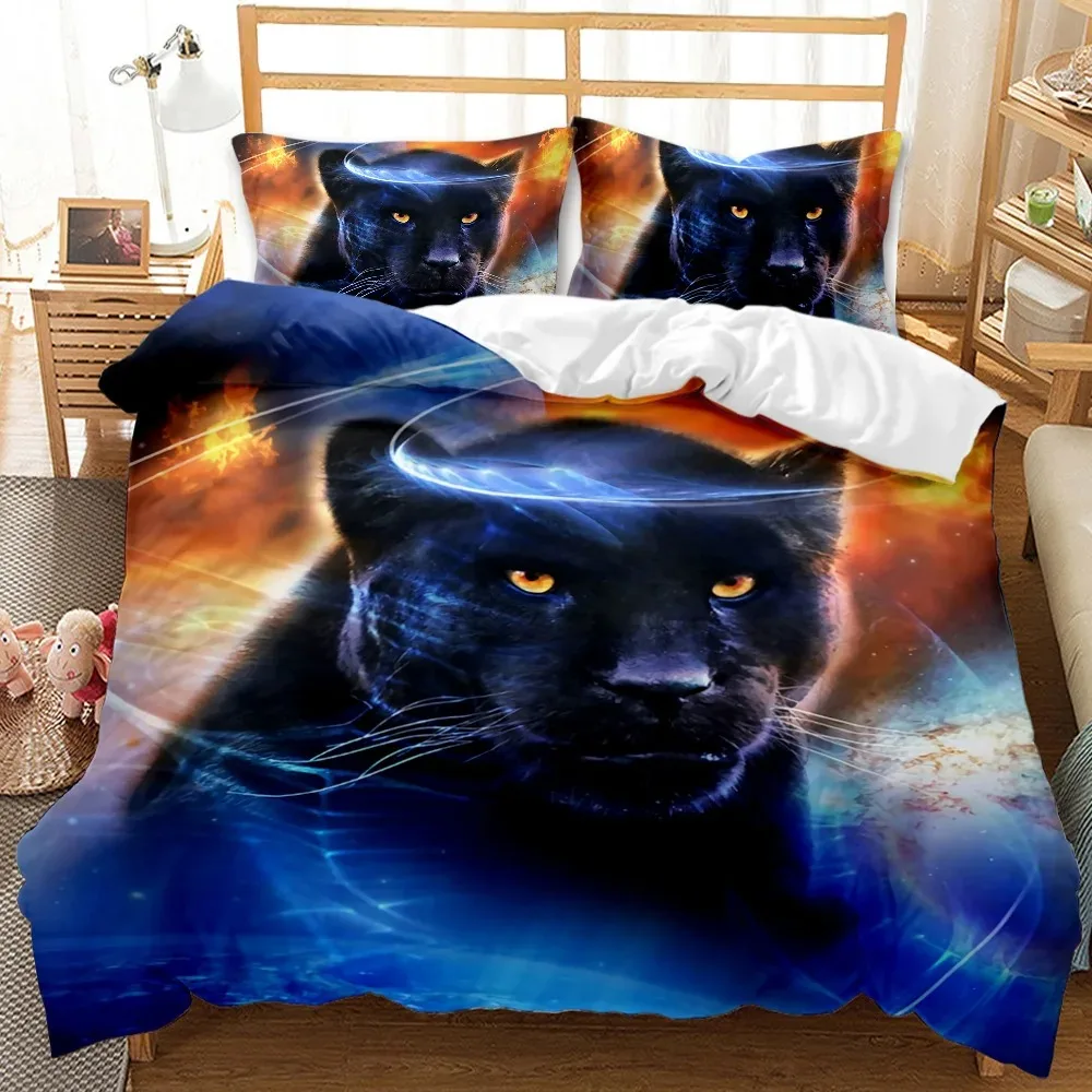 

Black Panther Duvet Cover Set Kids Boys Girls Safari Cheetah Comforter Cover Blue Fire Wild Animal Polyester Queen Bedding Set