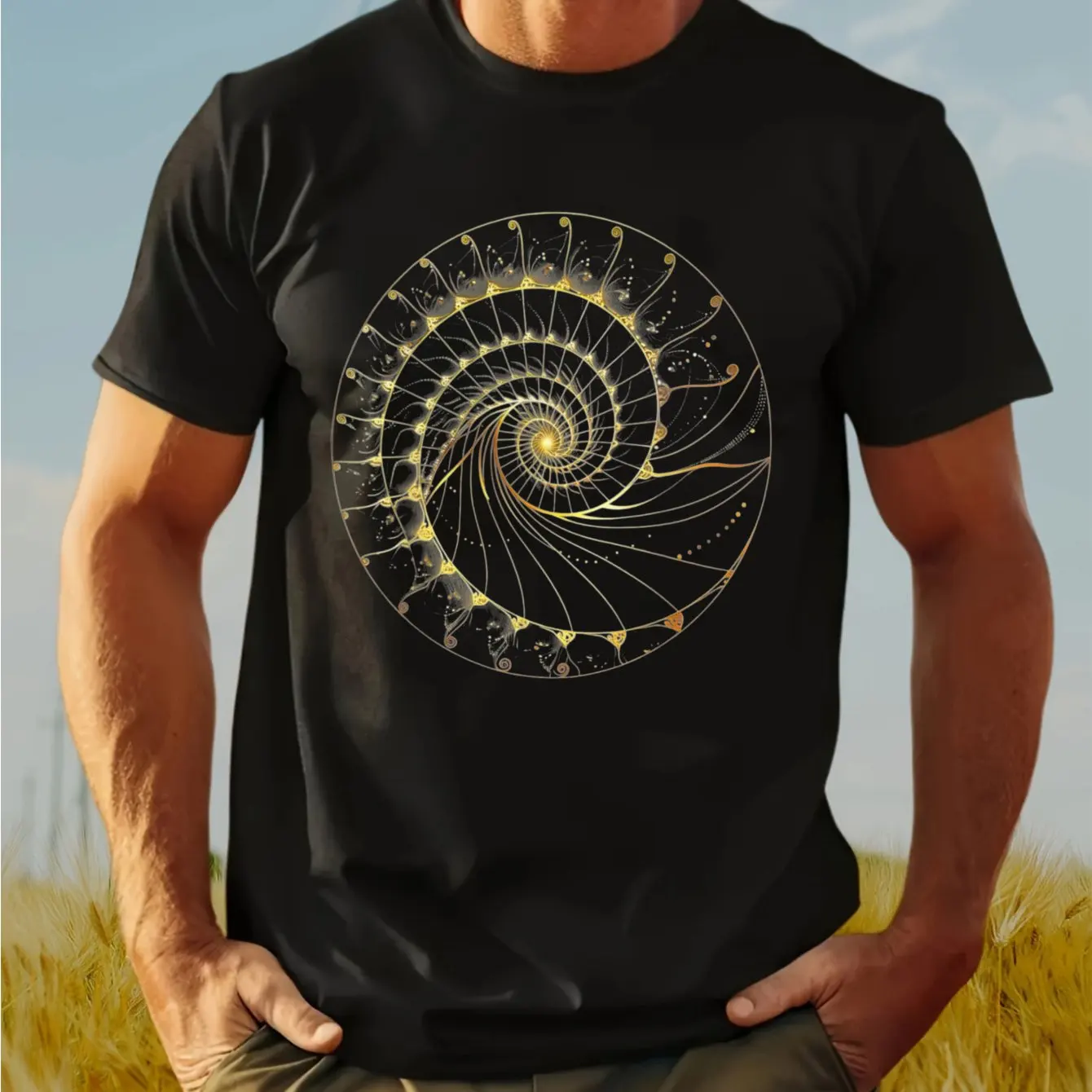 Unique Math Enthusiast Fibonacci Spiral Ratio Sacred Geometry T-Shirt for Mathematicians Black with Golden Golden Ratio Design