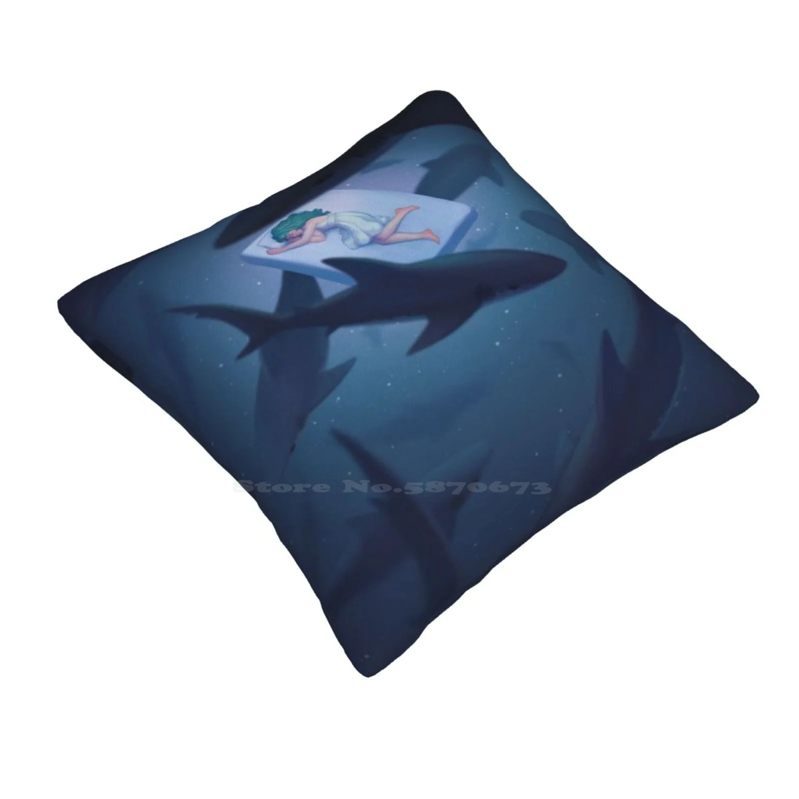 Restless Pillow Cover Hug Pillowcase Landscape Fantasy Shark Animals Surreal Water Ocean Nightmare Sea Creatures Dreaming Blue