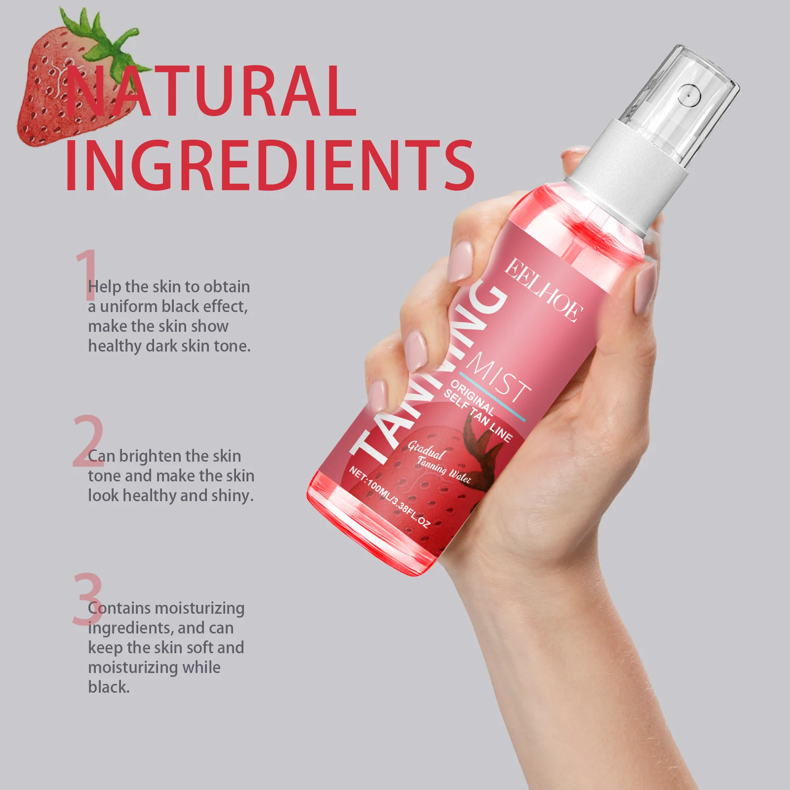 Strawberry Self Tanning Spray Natural Bronzing Sunless Tan Moisturizing Body Darkening Spray With Hyaluronic Acid Panthenol Long-Lasting Tanning Accelerator For Even Dark Skin Care
