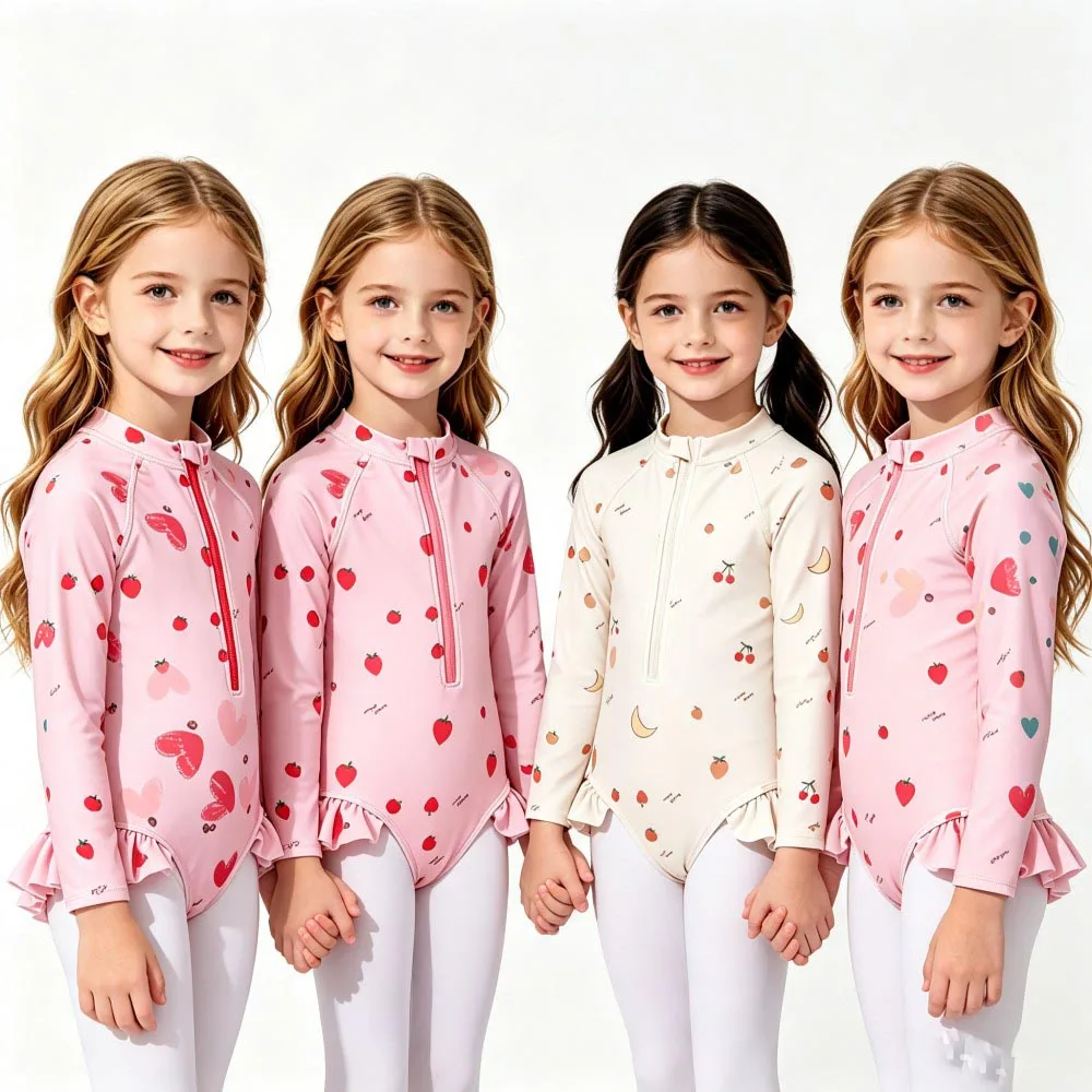 Girls Long Sleeve One Piece Rash Guard Swimsuit Cartoon Strawberry Heart Cherry Print Front Zipper Ruffle Bathing Suit for Kids