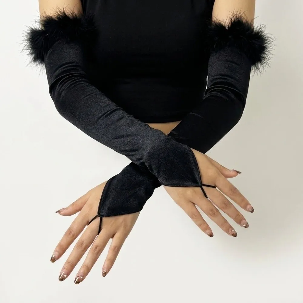Slim Silk Feather Gloves Fingerless Transparent Mesh Mittens Long Thin Long Gloves Travel