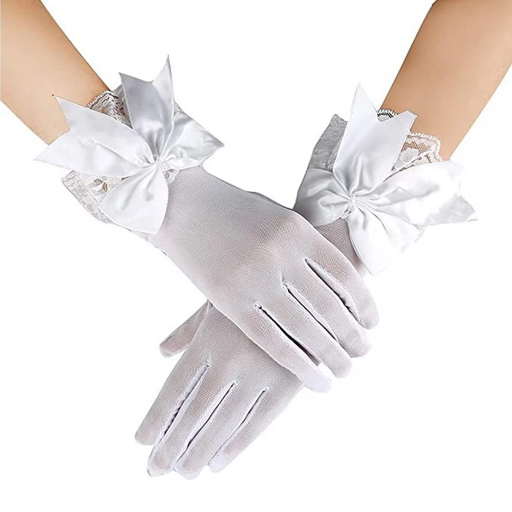 Guantes de muñeca blancos y negros para mujer, accesorios de Cosplay para bodas, mitones de novia, guantes grandes de malla Bownot, guantes de encaje