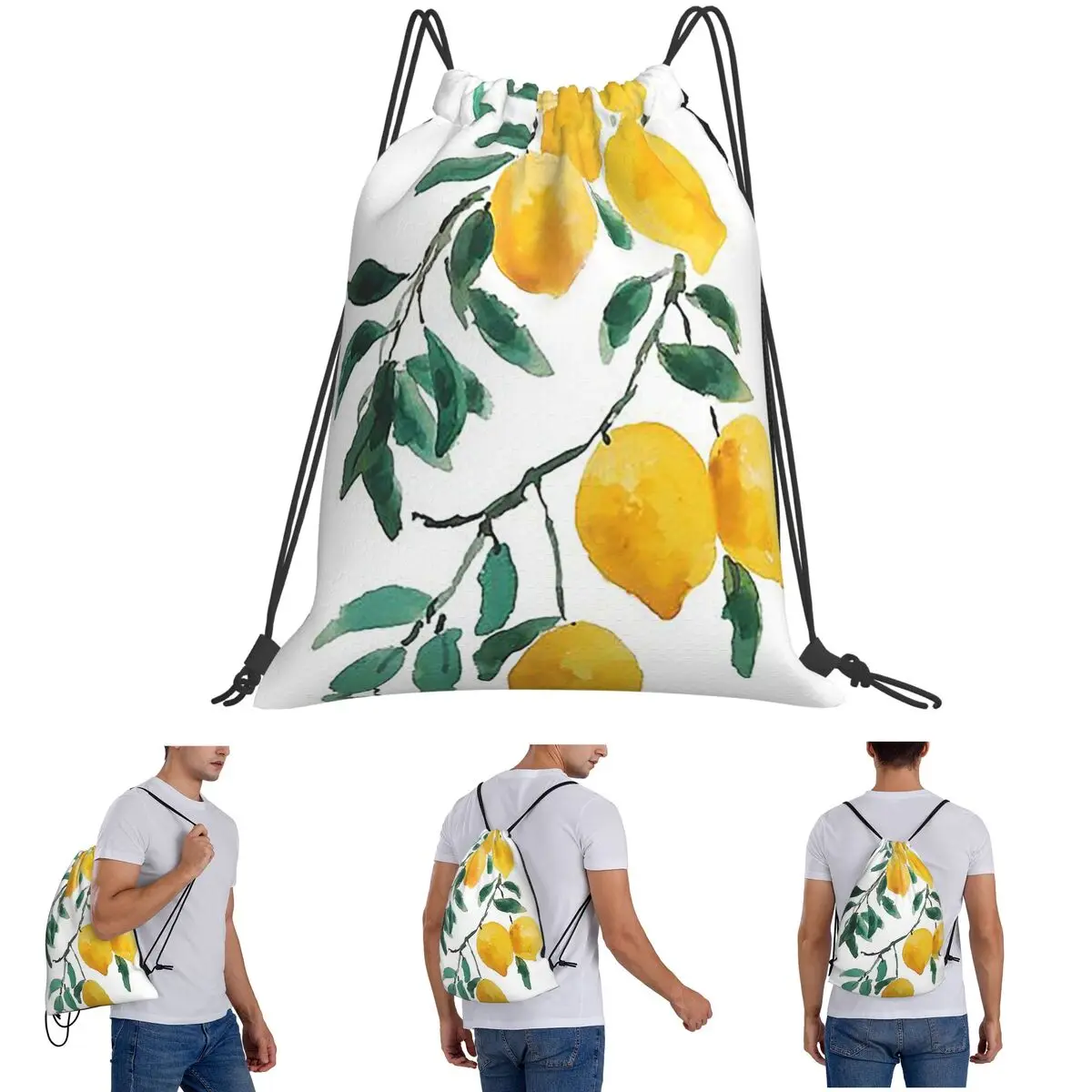 Hand Painted Yellow Lemon Watercol Backpacks Multi-function Drawstring Bags Storage Bag Book Bags for Man Woman School