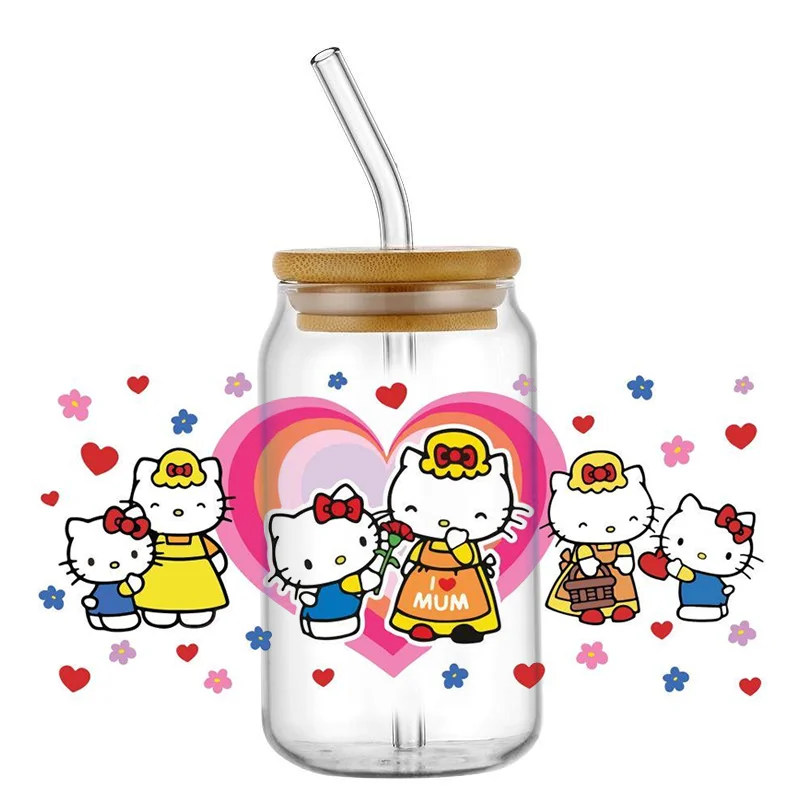 Miniso Sario New Hello Kitty Theme For Libbey 16oz Can Glass 3D Kuromi Waterproof UV DTF Coffee Can Wrap Libbey Glass Wrap