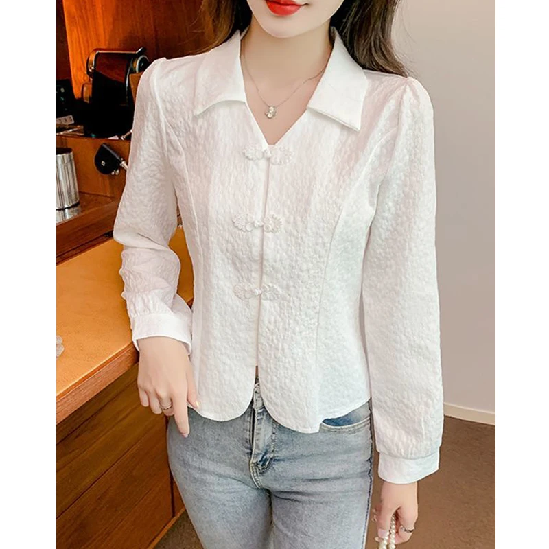 Women Clothing Spring Autumn Trendy Vintage Chic Sweet Button Shirts Elegant Solid V Neck Blouses Female Casual Long Sleeve Tops