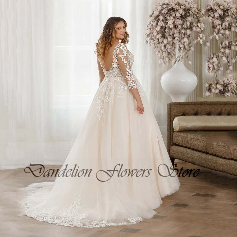 Classic Wedding Dresses For Bride V-Neck 3/4 Sleeves Bride Gowns Appliques A-Line Sweep Train Tulle Vestido De Noiva Plus Size