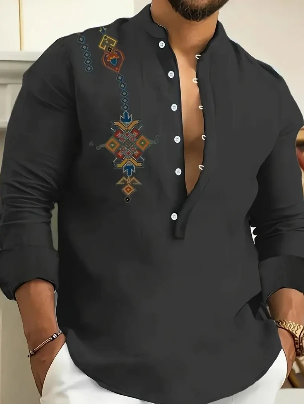 New Men's Henry Collar Linen Long Sleeve Casual Shirt Ethnic Print High Quality Top Fits Everyday2026