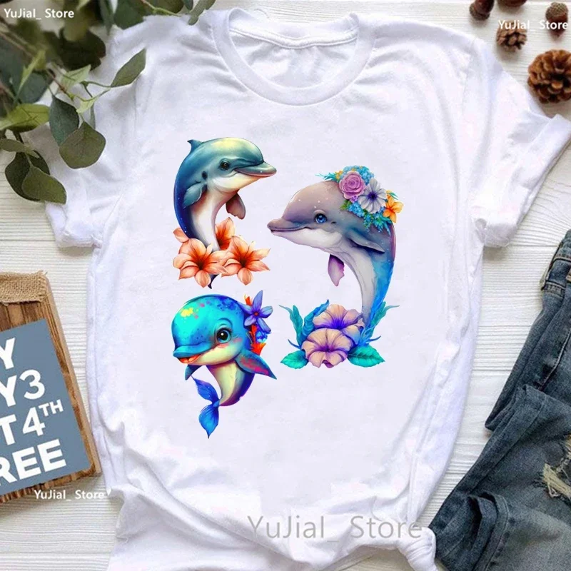 Funny Dolphin Print T Shirt Women Clothes 2024 World Of Whales Tshirt Femme Harajuku Shirt Summer Fashion T-Shirt Female