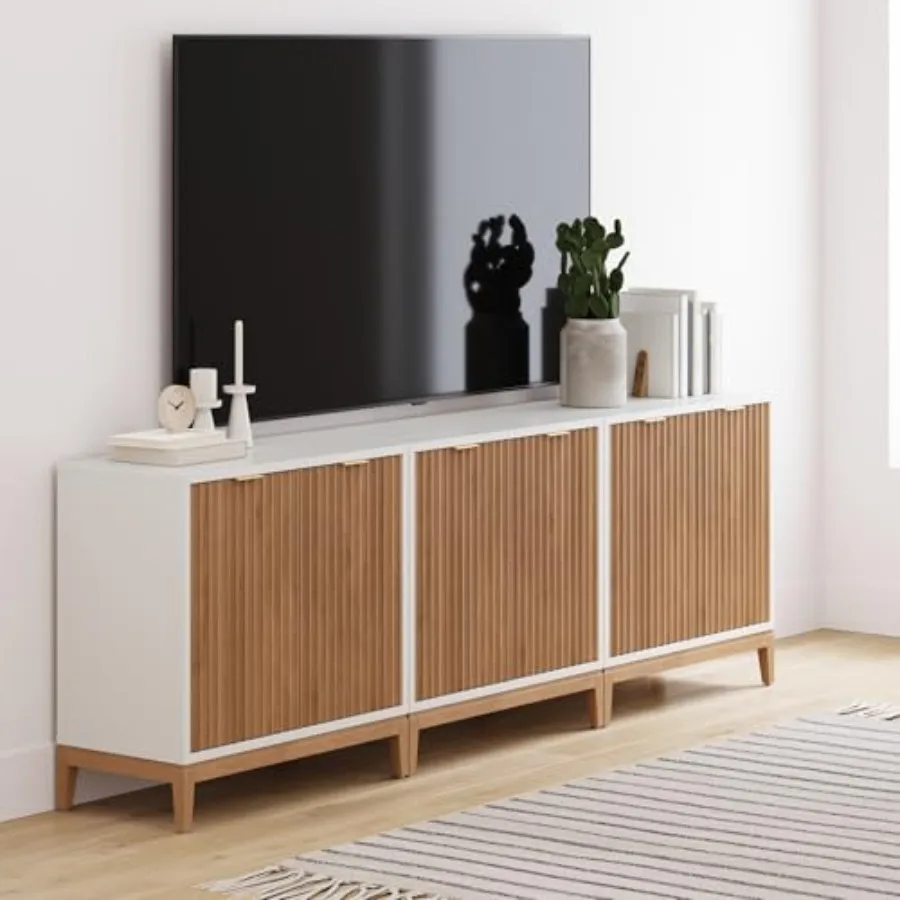 

Современный комод-тумба для телевизора Jasper с рифлеными дверцами, акцентный элемент для хранения, для кухни или гостиной, белый/теплый сосновый, набор из 3 штук