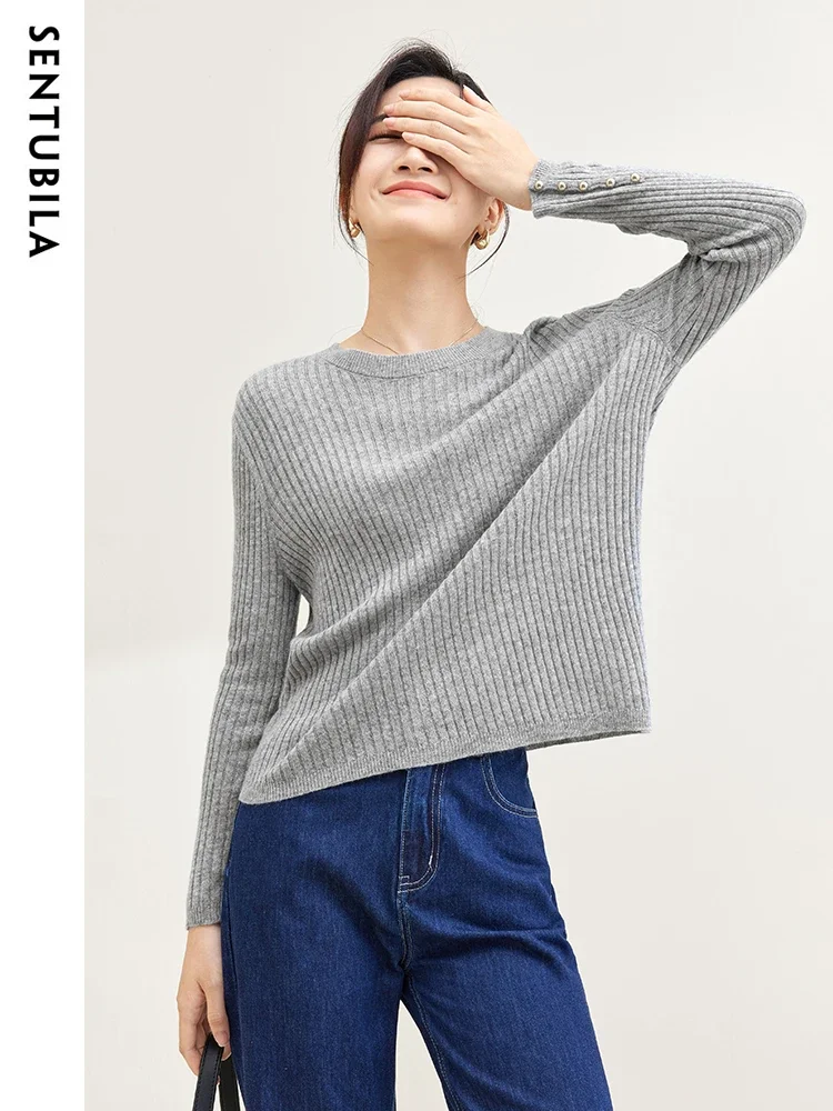 SENTUBILA Pullover Sweaters Soft Knit Tops for Women 2024 Spring Fashion Simple Round Neck Knitwear Basic Jumpers W33H51125