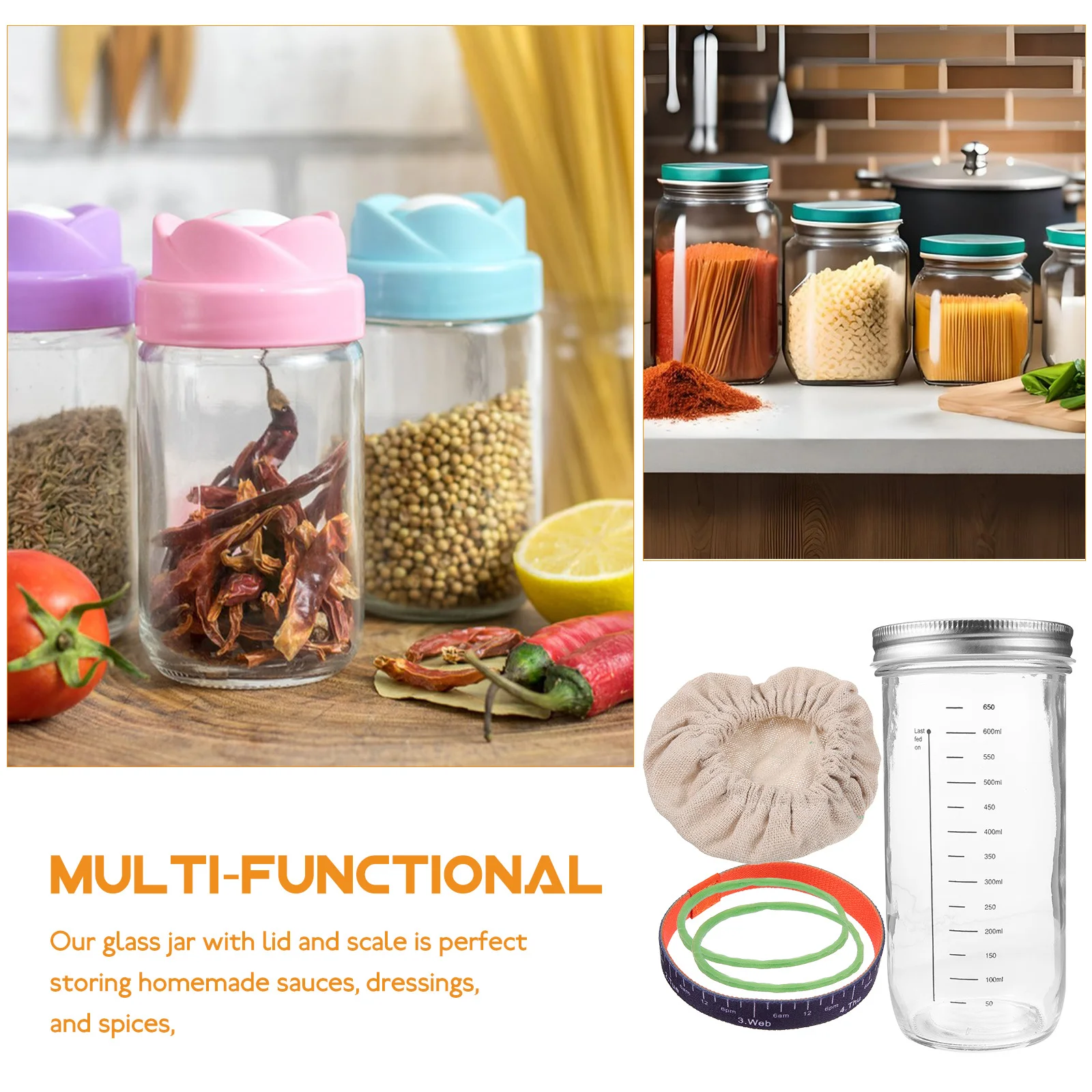 

1Set Glass Sourdough Starter Jar with Scale Sealed Storage Bottle for Kitchen Homemade Sauce Spice Storage Sourdough Starter Jar