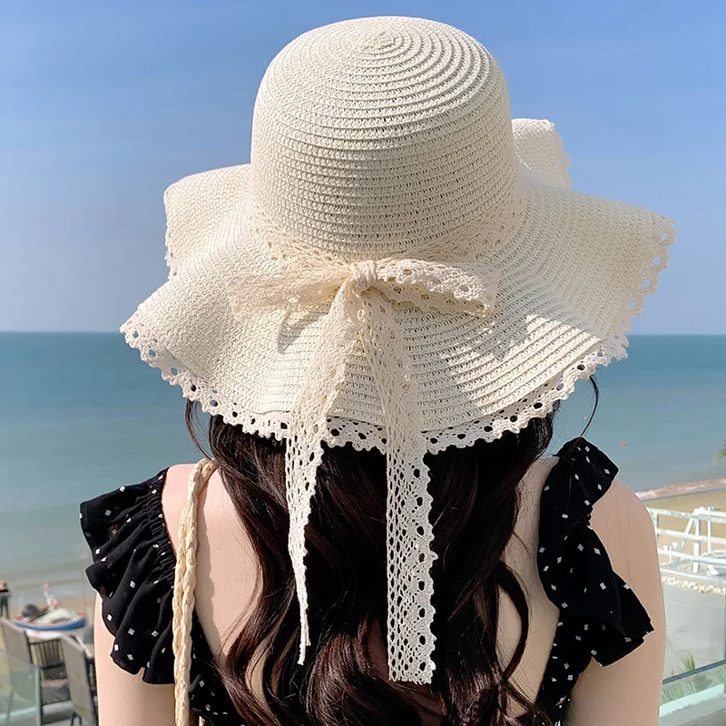 Fashion Flat-topped Straw Wide Brim Hats Girls Outdoor Wave Lightweight Sun Hat Bowknot Lace Women Beach Caps Q39