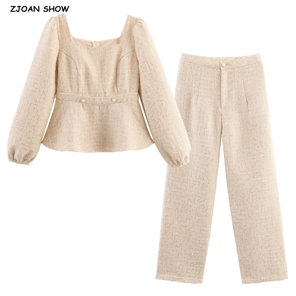 

2 pieces 1 Set 2025 Autumn Sequins Beading Tweed Square Collar Puff Sleeve Pullovers Shirt + High Waist Long Straight Pants Suit