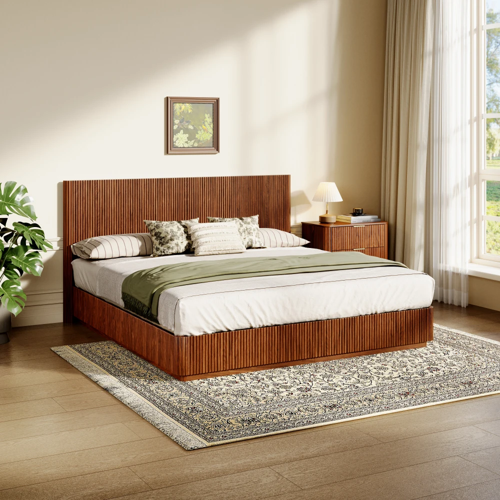 

Kind Size Bed Frame with LED Lights, Modern Wooden Corrugated Curved Lines, Convex Groove Board Design, Walnut.