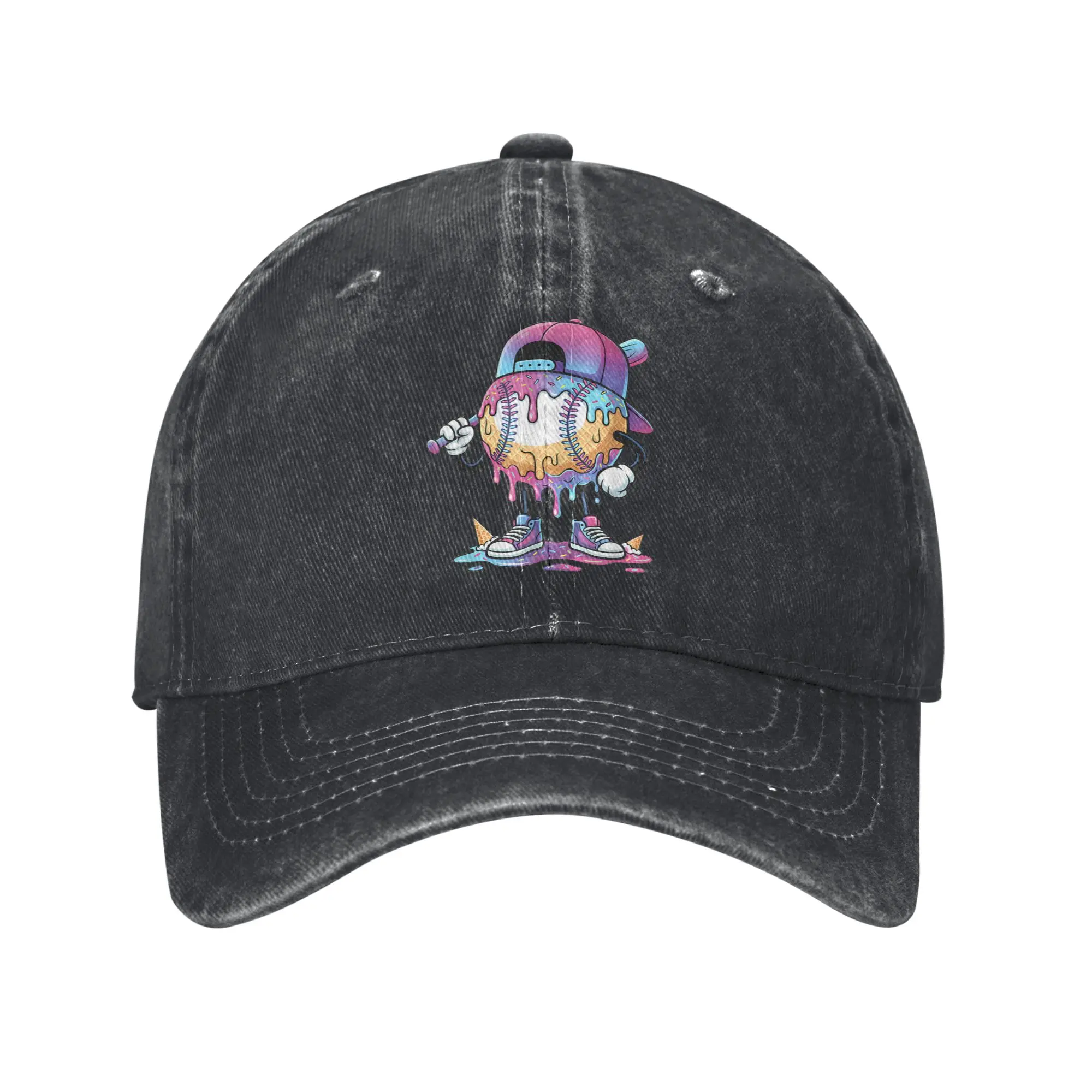 Baseball Sport Ice Cream Drip Baseball Caps Men Women Distressed Denim Washed Snapback Hat Funny Meme Outdoor Adjustable Hats